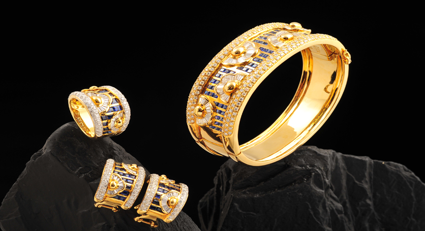 18K Yellow Gold with Sapphire and Diamond Ring, Bangle and Earring