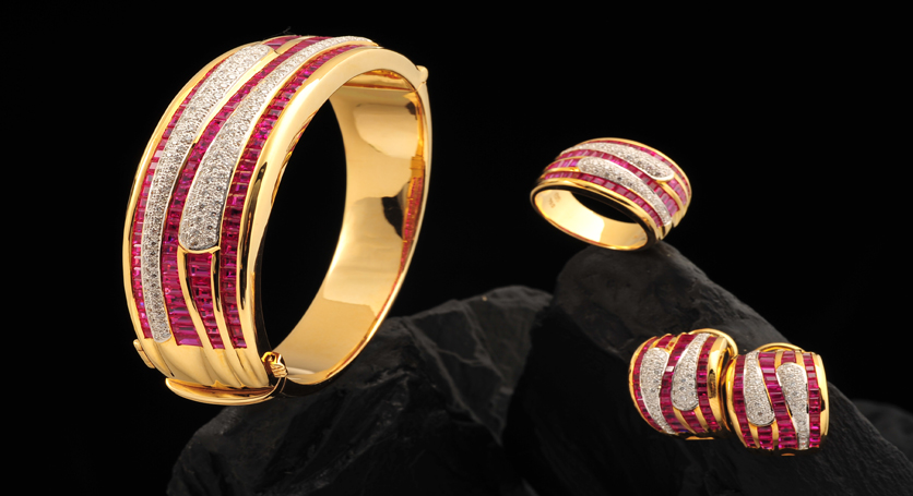 18K Yellow Gold with Ruby and Diamond Ring, Bangle and Earring