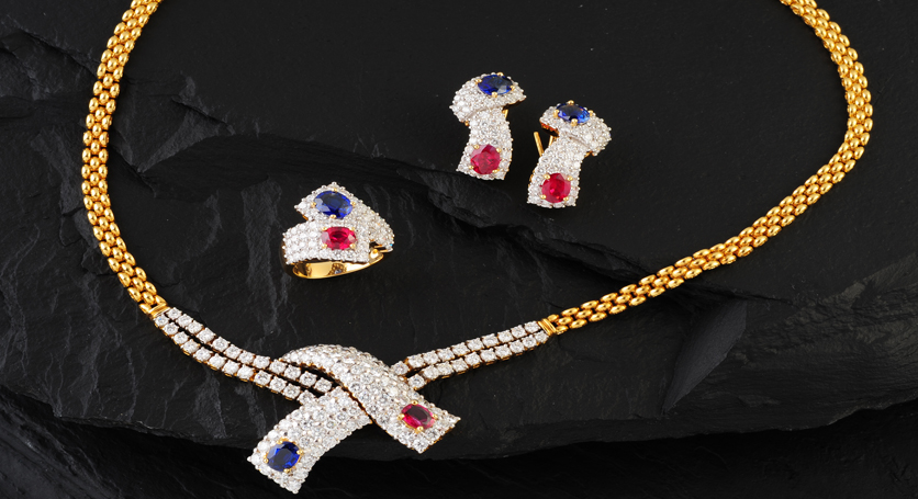 18K Yellow Gold with Sapphire, Ruby and Diamond Set