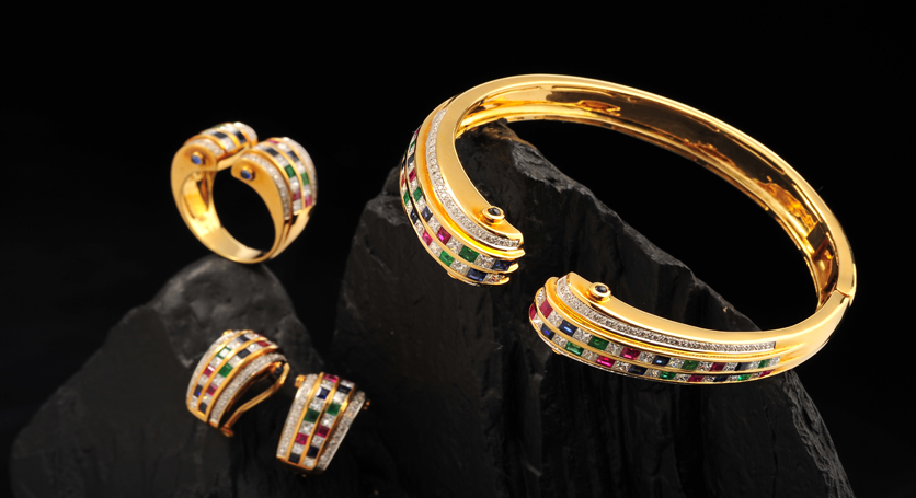 18K Yellow Gold with Sapphire, Ruby and Emerald Ring, Bangle and Earring