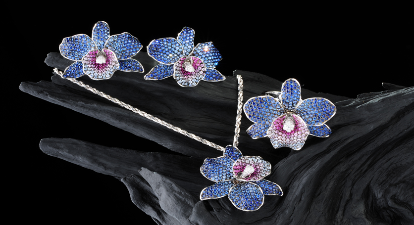 18K White Gold with Sapphire, Pink Sapphire and Diamond Set