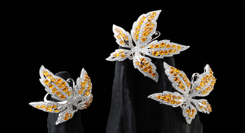 18K White Gold with Yellow Sapphire and Diamond Ring and Earring