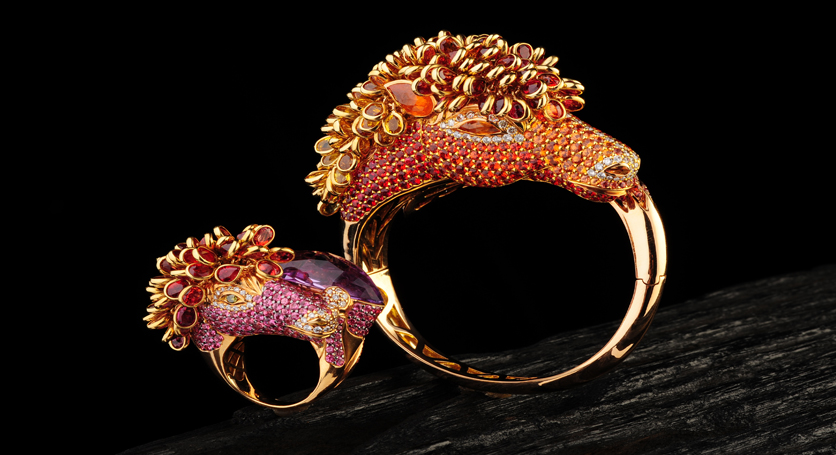 18K Gold Amethyst, Pink Tourmarine, Fancy Sapphire, Diamond Ring + 18K Gold Spessartite Garnet, Fancy Sapphire, Diamond Bangle