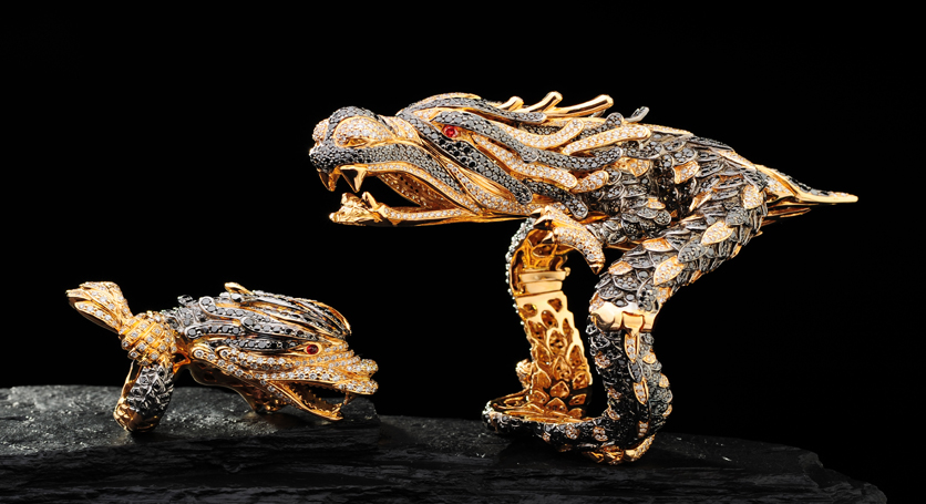 18K Yellow Gold with Red Sapphire, Black and White Diamond Ring and Bangle