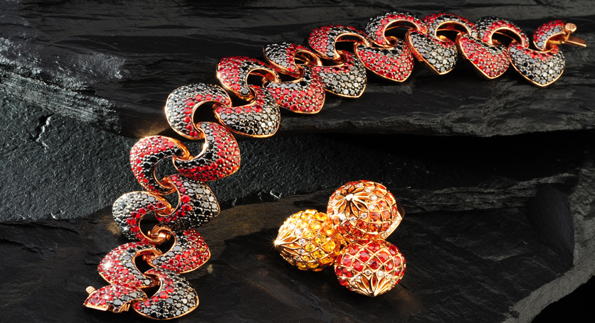 18K Yellow Gold with Red Sapphire and Black Diamond Bracelet + 18K Yellow Gold with Fancy Sapphire and Diamond Ring