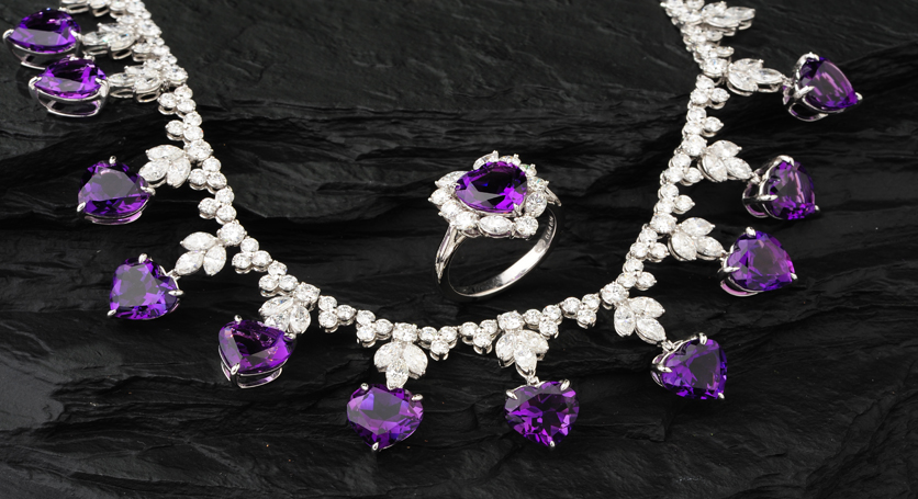 18K White Gold with Amethyst and Diamond Set