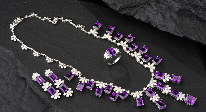 18K White Gold with Amethyst and Diamond Set