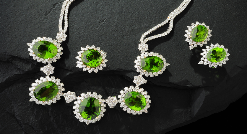 Platinum with Peridot and Diamond Set