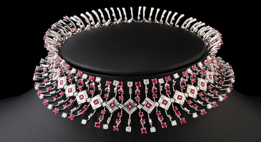 18K White Gold with Ruby and Diamond Necklace