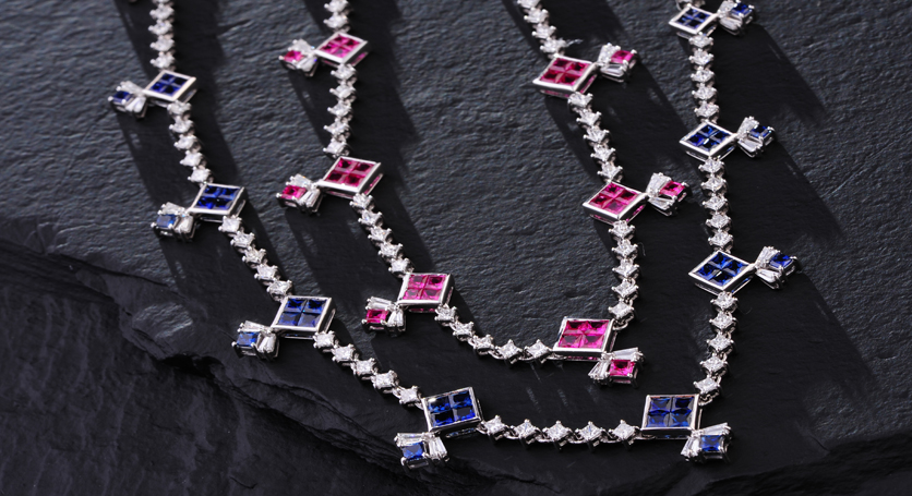 18K White Gold with Ruby and Diamond Necklace + 18K White Gold with Sapphire and Diamond Necklace