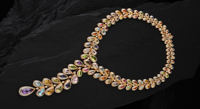 18K Yellow Gold with Multicolor Stones and Diamond Necklace