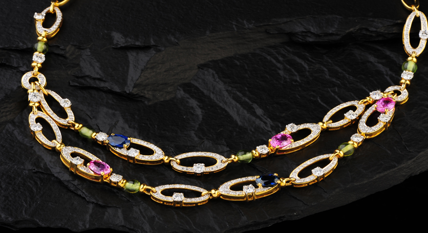 18K Yellow Gold with Multicolor Stones and Diamond Necklace
