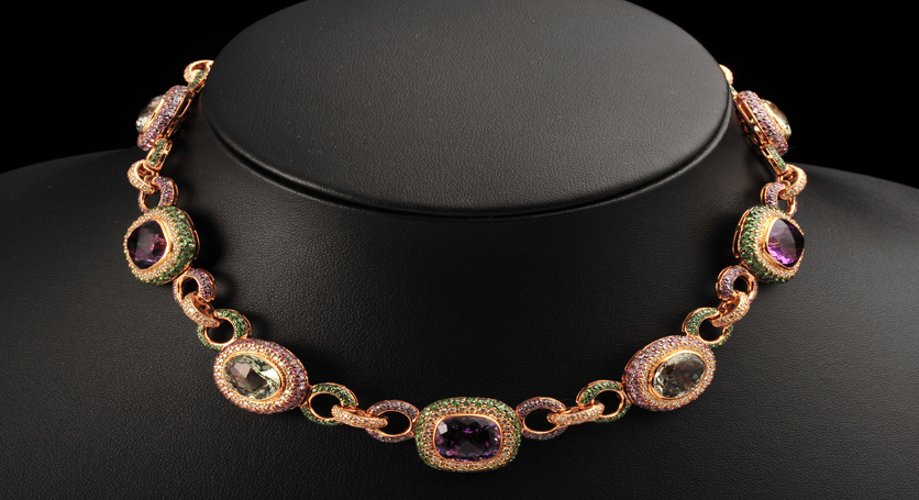 18K Yellow Gold with Multicolor Stones and Diamond Necklace