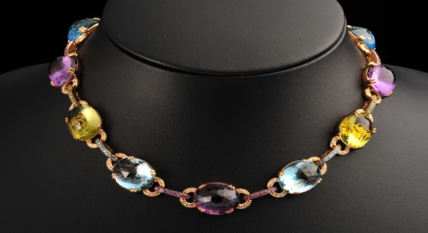 18K Yellow Gold with Multicolor Stones and Diamond Necklace