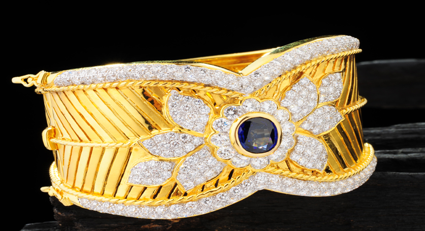18K Yellow Gold with Sapphire and Diamond Bangle