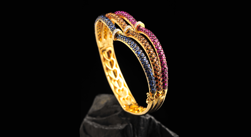 18K Yellow Gold with Sapphire, Pink Sapphire, Yellow Sapphire and Diamond Bangle