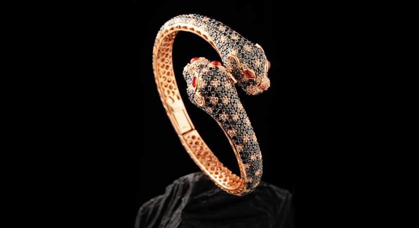 18K Yellow Gold with Red Sapphire, Black and White Diamond Bangle
