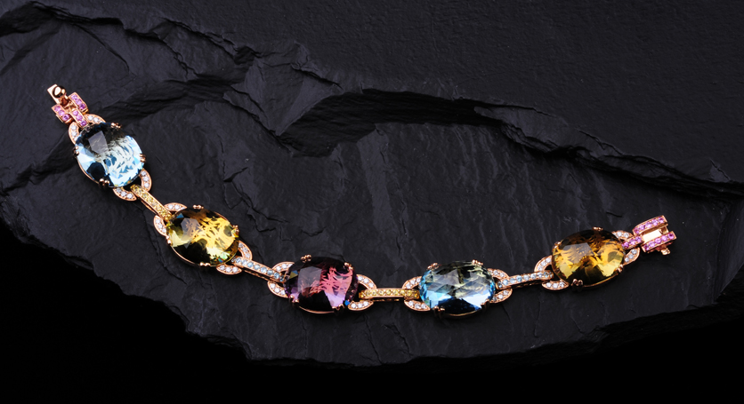 Pink Gold with Multicolor Stones and Diamond Bracelet