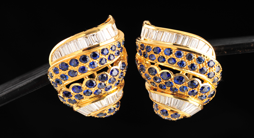 18K Yellow Gold with Sapphire and Diamond Earring