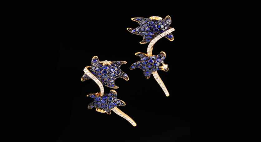 18K Yellow Gold with Sapphire and Diamond Earring