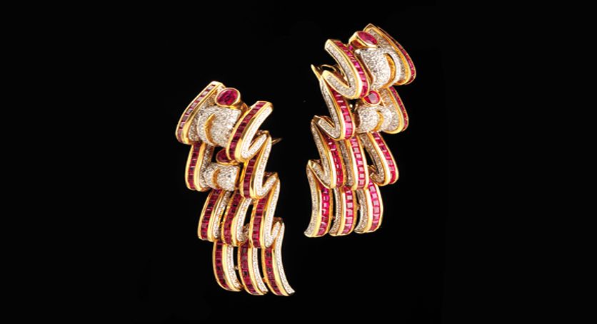 18K Yellow Gold with Ruby and Diamond Earring