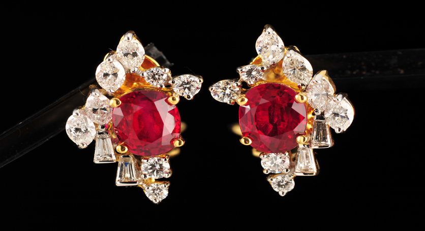18K Yellow Gold with Ruby and Diamond Earring