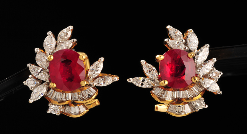 18K Yellow Gold with Ruby and Diamond Earring