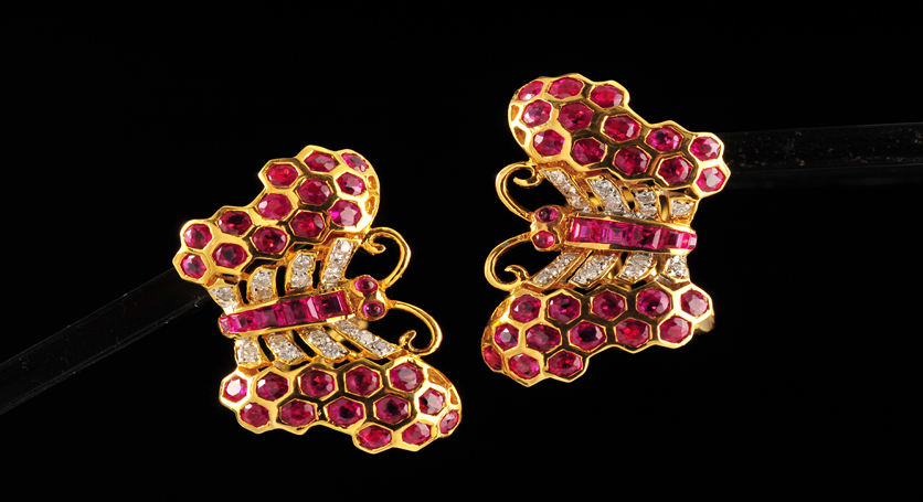 18K Yellow Gold with Ruby and Diamond Earring