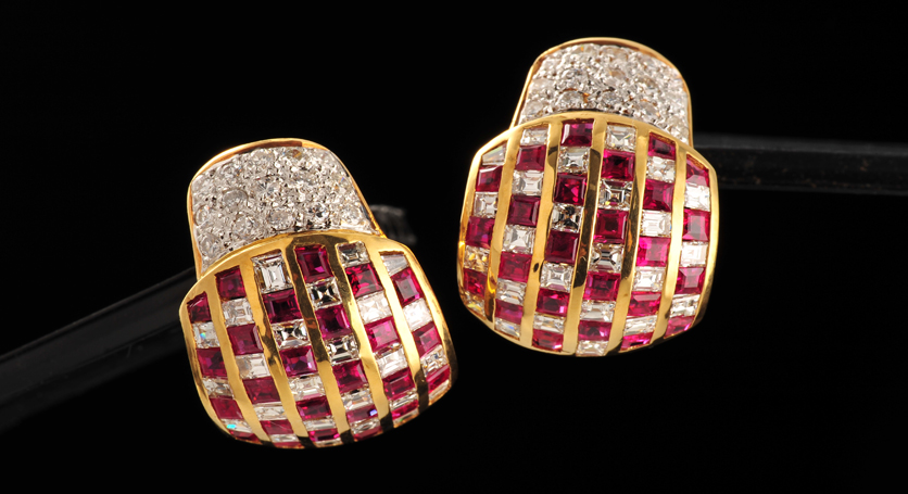 18K Yellow Gold with Ruby and Diamond Earring