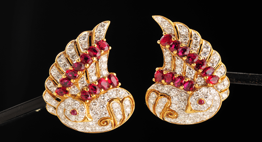 18K Yellow Gold with Ruby and Diamond Earring