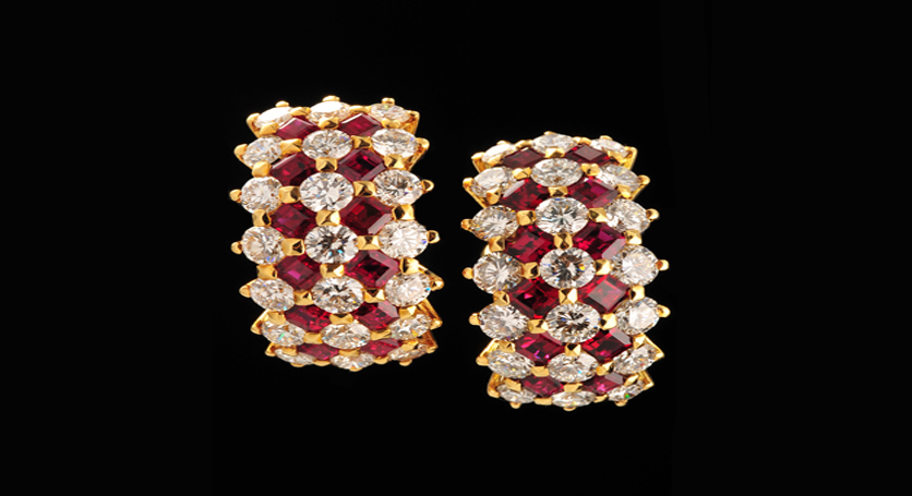 18K Yellow Gold with Ruby and Diamond Earring