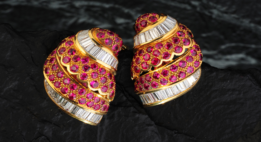 18K Yellow Gold with Ruby and Diamond Earring