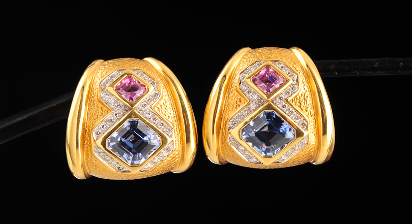 18K Yellow Gold with Fancy Sapphire and Diamond Earring