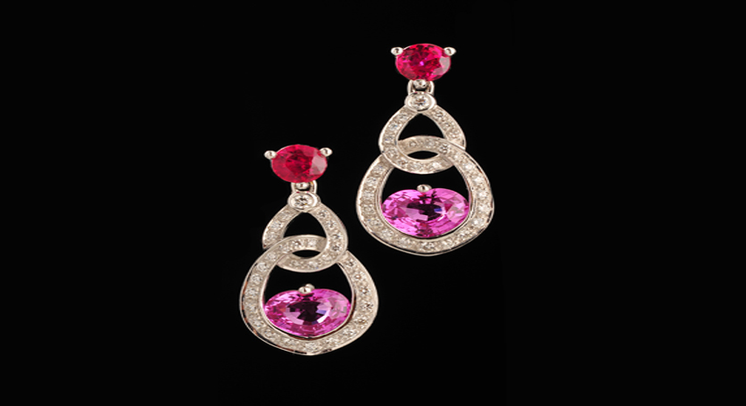 18K White Gold with Ruby, Pink Sapphire and Diamond Earring
