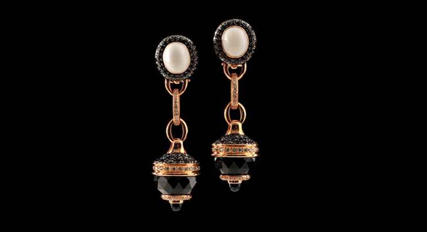 18K Pink Gold with Spinel, White Chalcedony, Black and White Diamond Earring