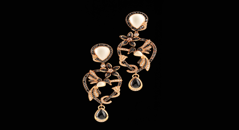 18K Yellow Gold with Spinel, White Chalcedony, Black and White Diamond Earring