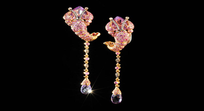 18K Yellow Gold with Pink Sapphire, Amethyst and Diamond Earring