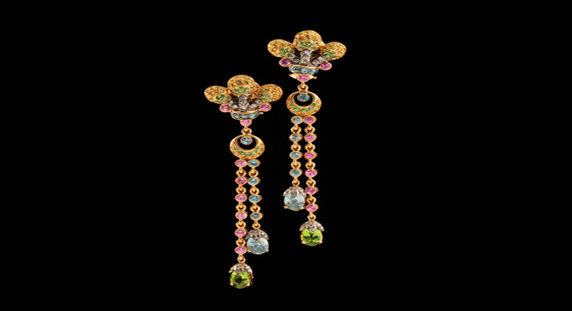 18K Yellow Gold with Multicolor Stones and Diamond Earring