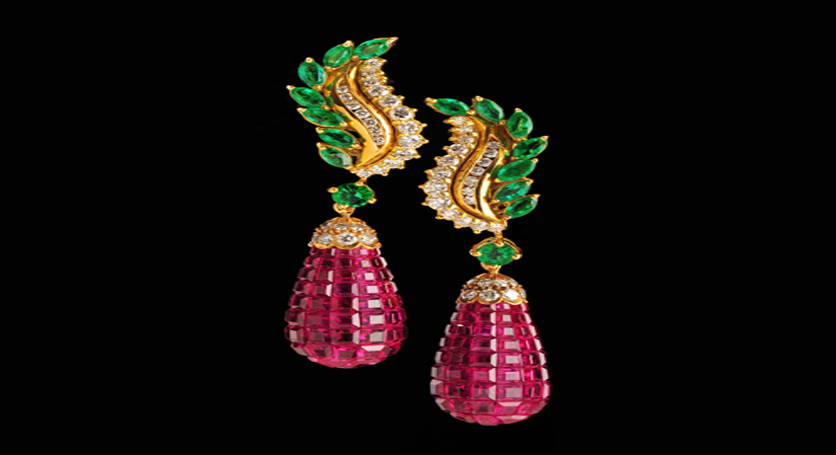 18K Yellow Gold with Ruby, Emerald and Diamond Earring