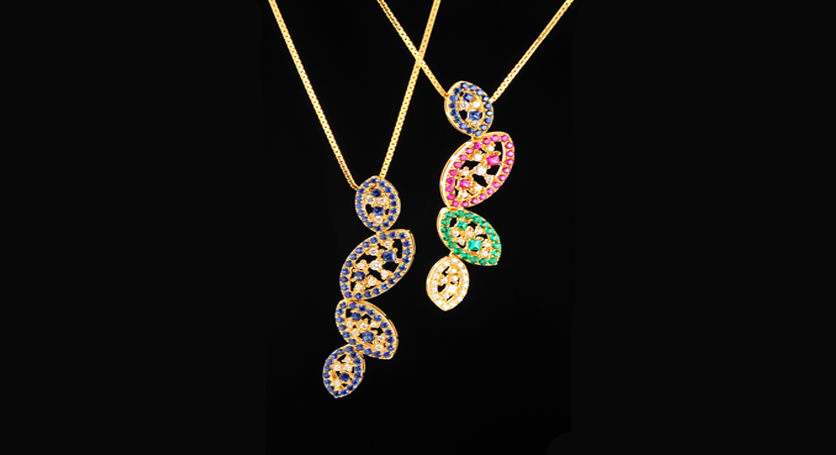 18K Yellow Gold with Sapphire and Diamond Pendant + 18K Yellow Gold with Sapphire, Ruby, Emerald and Diamond Pendant