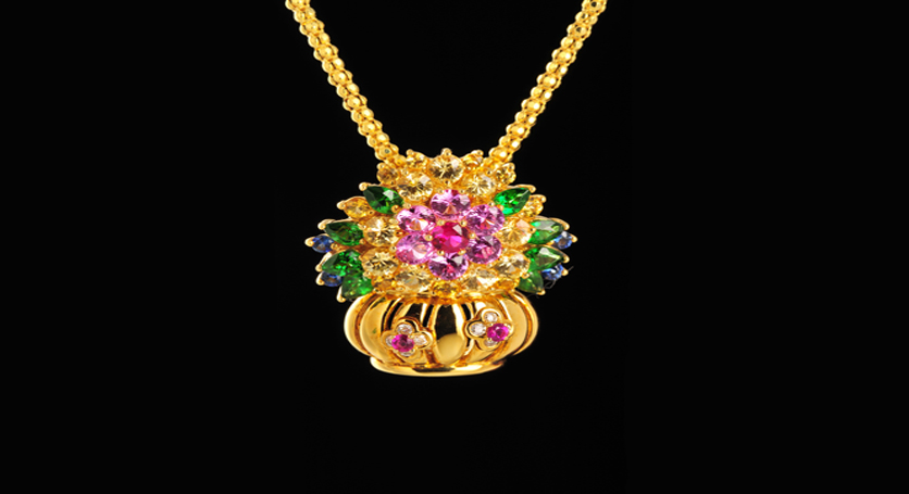 18K Yellow Gold with Fancy Sapphire and Diamond Pendant