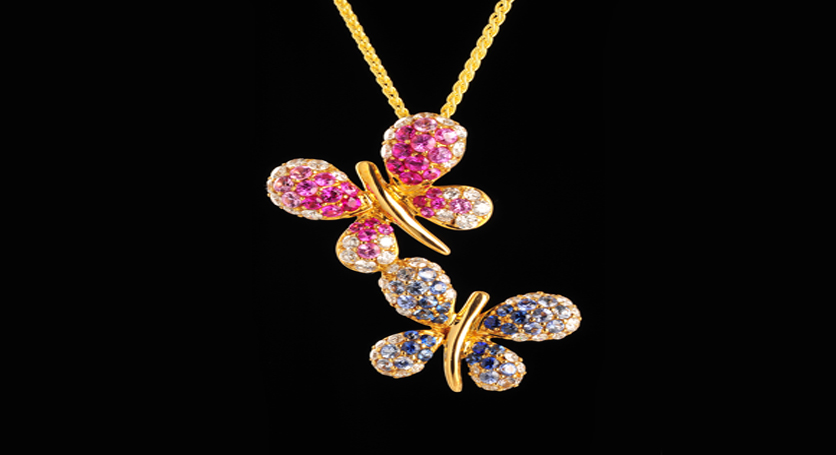 18K Yellow Gold with Sapphire, Ruby, Pink Sapphire and Diamond Pendant