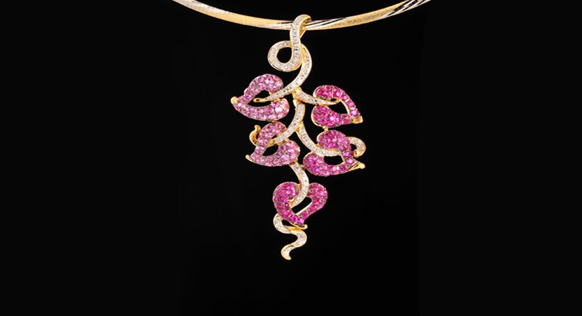 18K Yellow Gold with Ruby, Pink Sapphire and Diamond Pendant