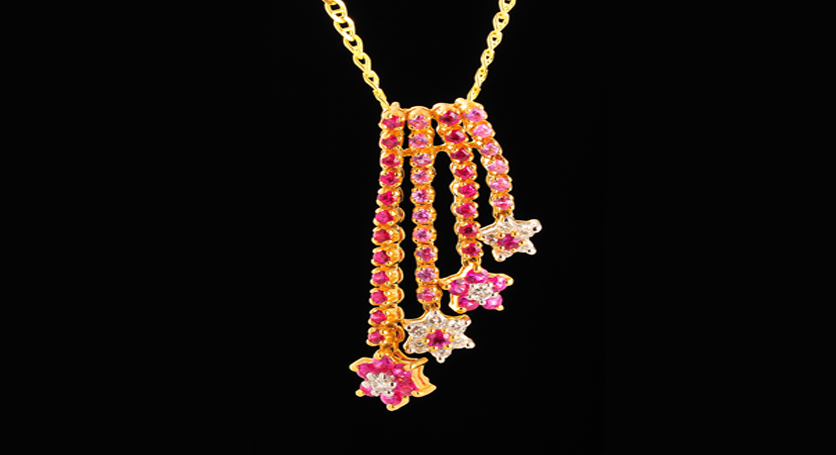 18K Yellow Gold with Ruby, Pink Sapphire and Diamond Pendant