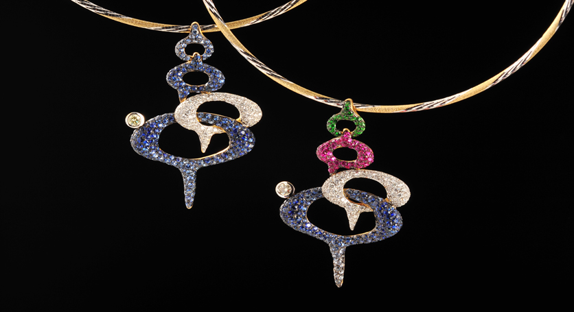 18K Yellow Gold with Sapphire and Diamond Pendant + 18K Yellow Gold with Sapphire, Ruby, Tsavorite and Diamond Pendant
