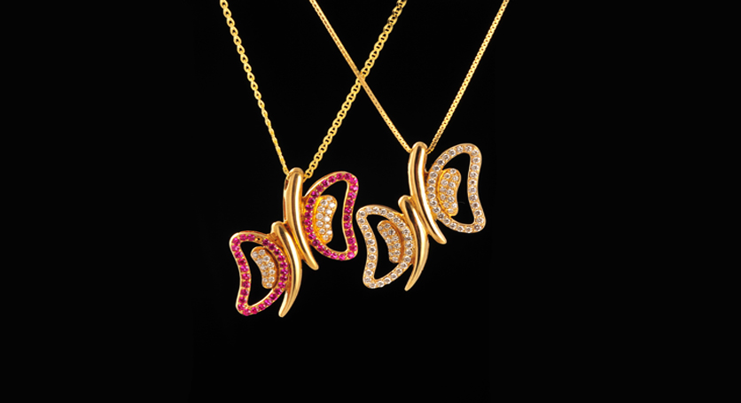 18K Yellow Gold with Ruby and Diamond Pendant + 18K Yellow Gold with Diamond Pendant