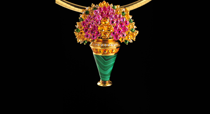 18K Yellow Gold with Multicolor Stones, Malachite and Diamond Pendant