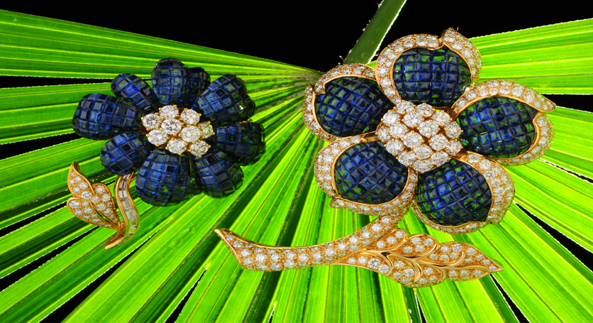 18K Yellow Gold with Sapphire and Diamond Brooches