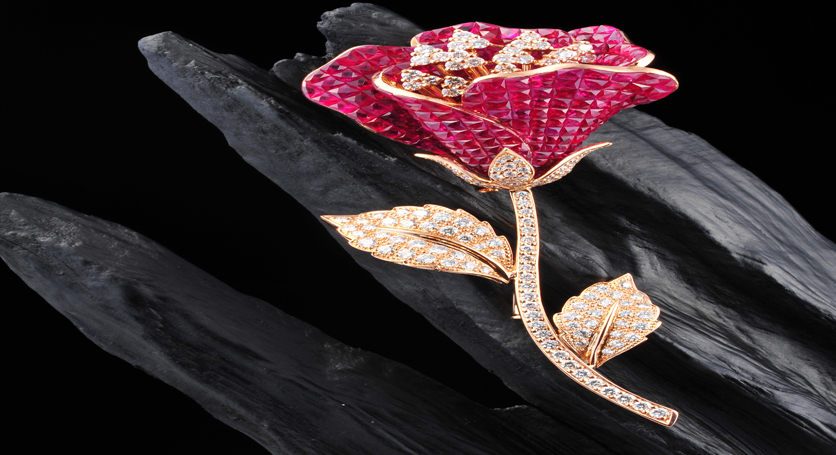 18K Pink Gold with Ruby and Diamond Brooch
