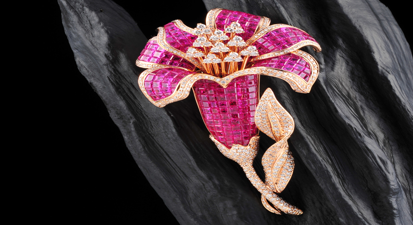 18K Pink Gold with Ruby and Diamond Brooch